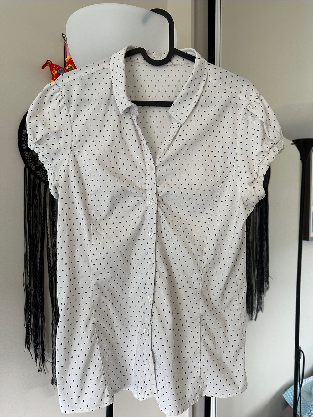 Women's White Polka Dot Short-Sleeve Button-Down Shirt